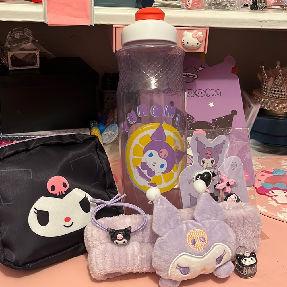 Kuromi water bottle with pouch and headband